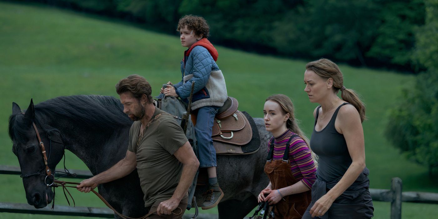 the Chenoweth family in 'Teacup' walk by a field with the youngest riding a horse