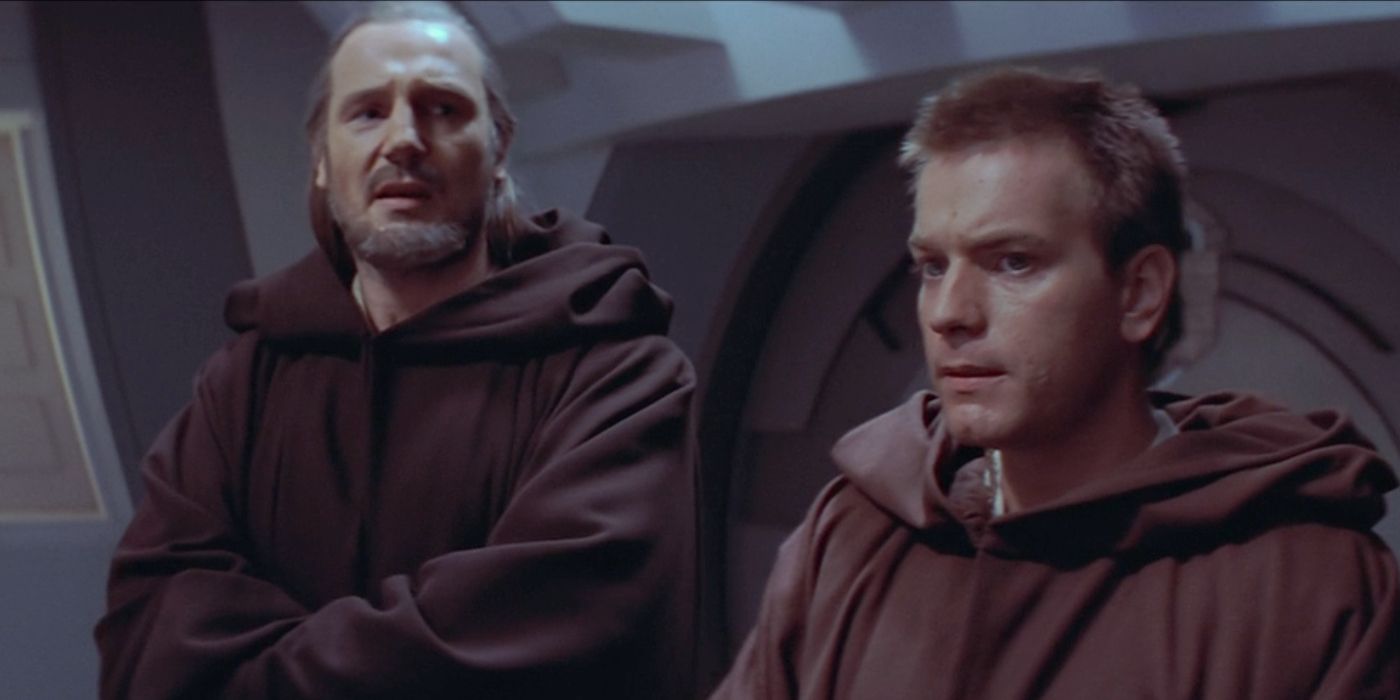 Obi-Wan (Ewan McGregor) and Qui-Gon Jinn (Liam Neeson) arrive at the Trade Federation Blockade in 'Star Wars - The Phantom Menace.'