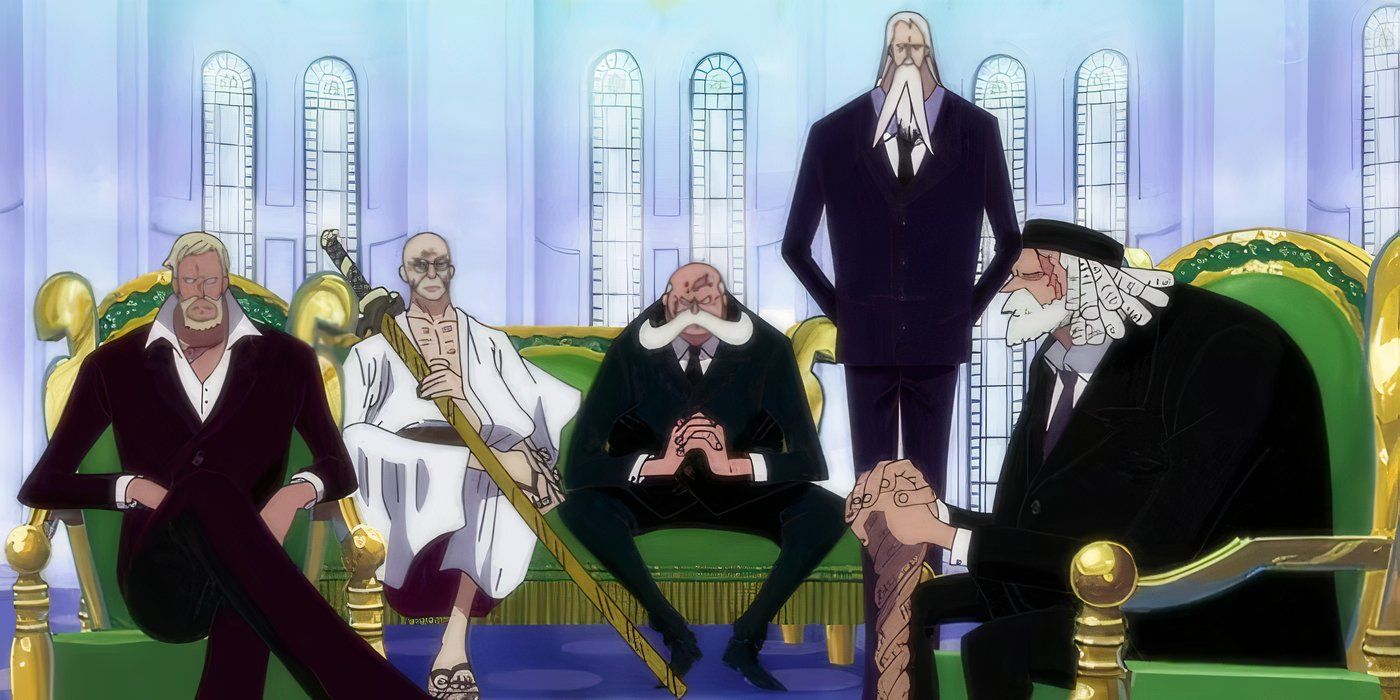 The Five Elders gather together wearing black suits and sitting on green upholstered chairs in One Piece.