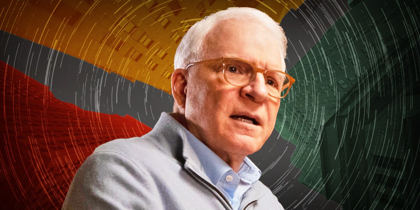 Steve Martin as Charles-Haden Savage of Only Murders in the Building, looking confused, superimposed on a swirling background