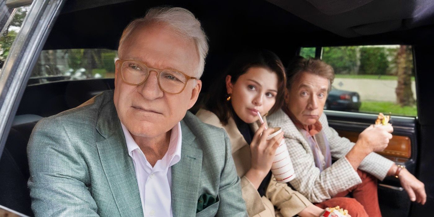 Steve Martin, Selena Gomez, and Martin Short sitting in the back of a car eating fast food in Only Murders in the Building Season 4