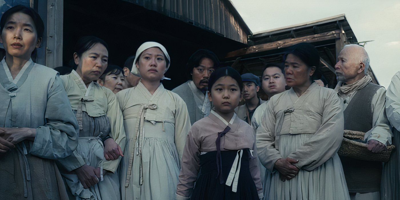 Townspeople wearing white hanbok gather in 'Pachinko'