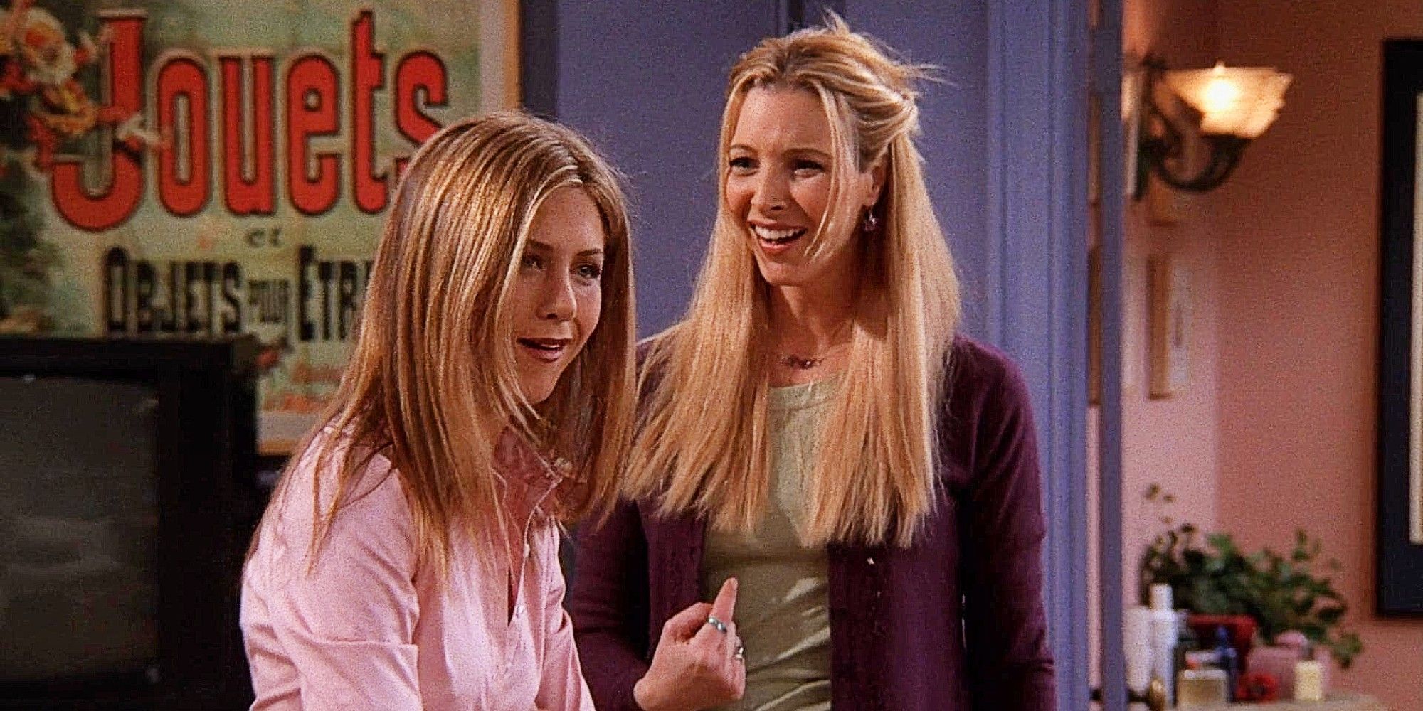 Phoebe and Rachel laughing together in Friends "The One Where Everybody finds Out"