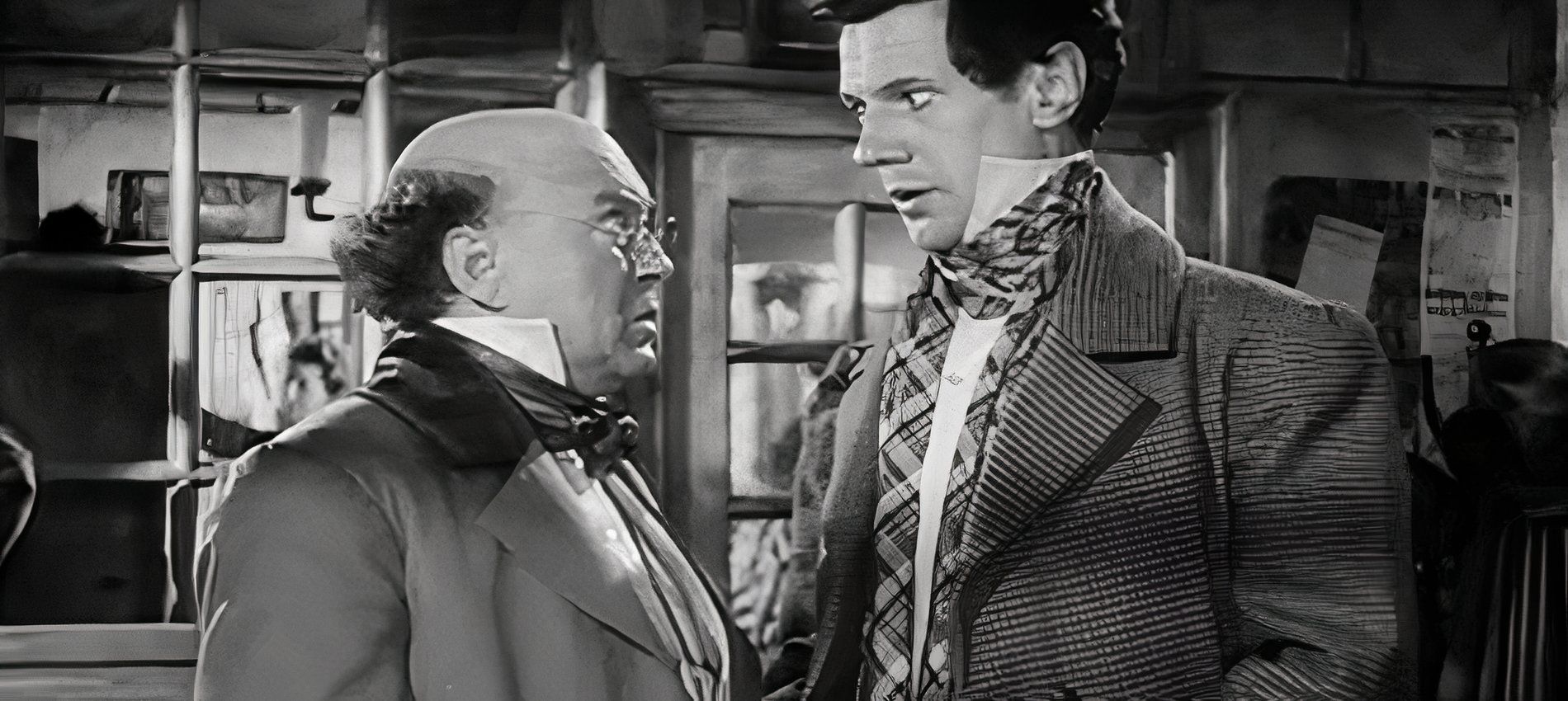 James Hayter como el Sr. Pickwick y James Donald como Nathaniel Winkle en The Pickwick Papers