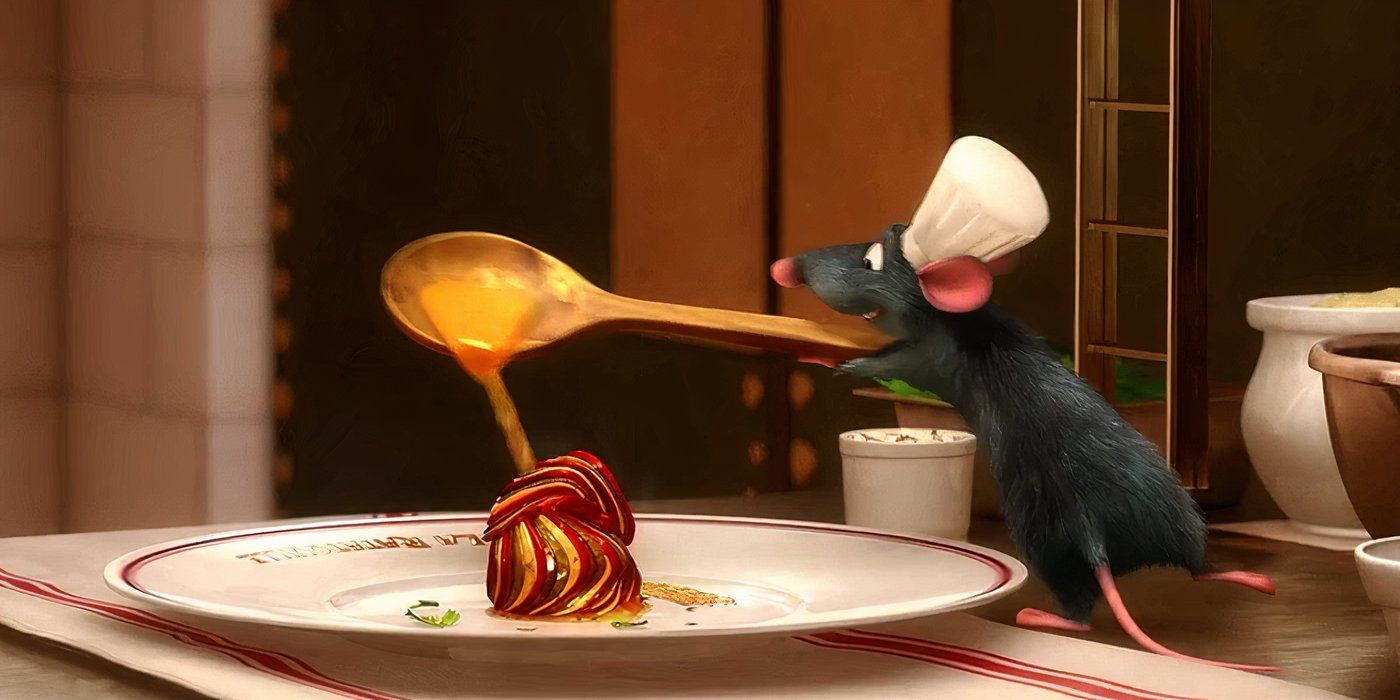 Remy finalizes a ratatouille dish