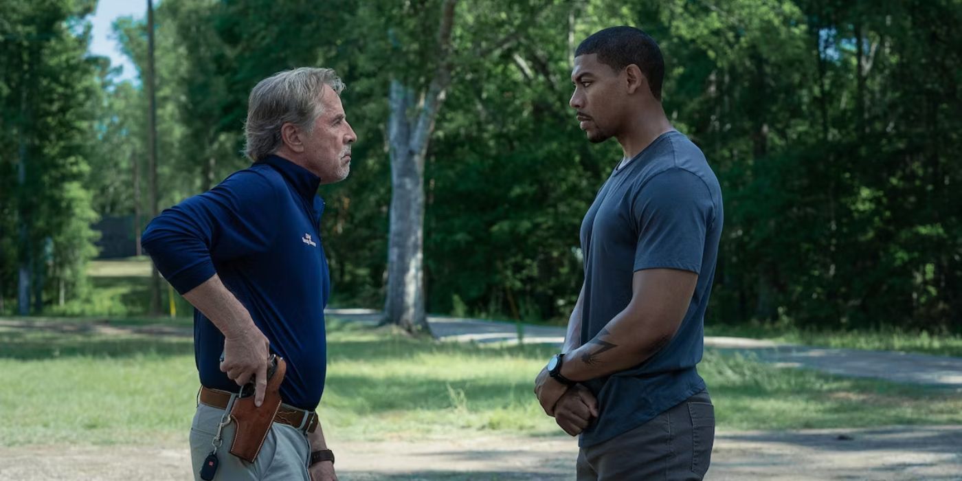 Don Johnson and Aaron Pierre in a scene from Rebel Ridge