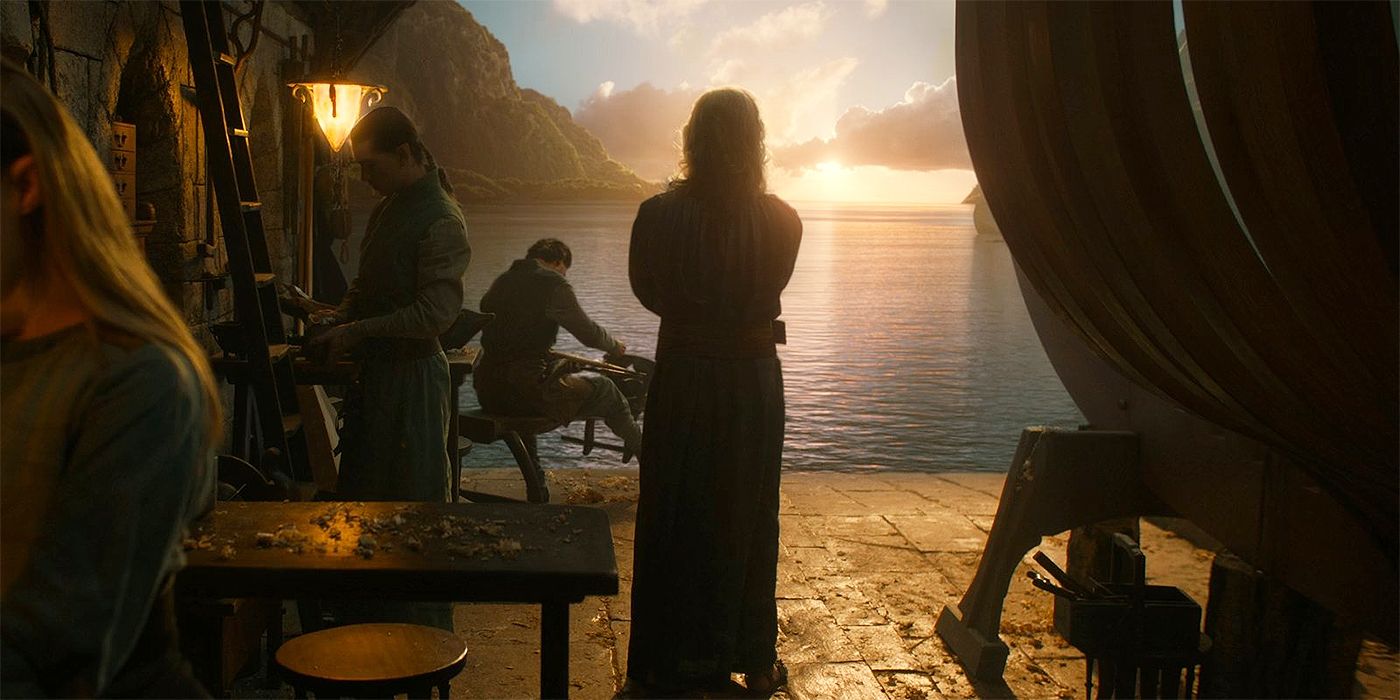 Ben Daniels as Cirdan from behind standing and looking at the ocean in Rings of Power Season 2