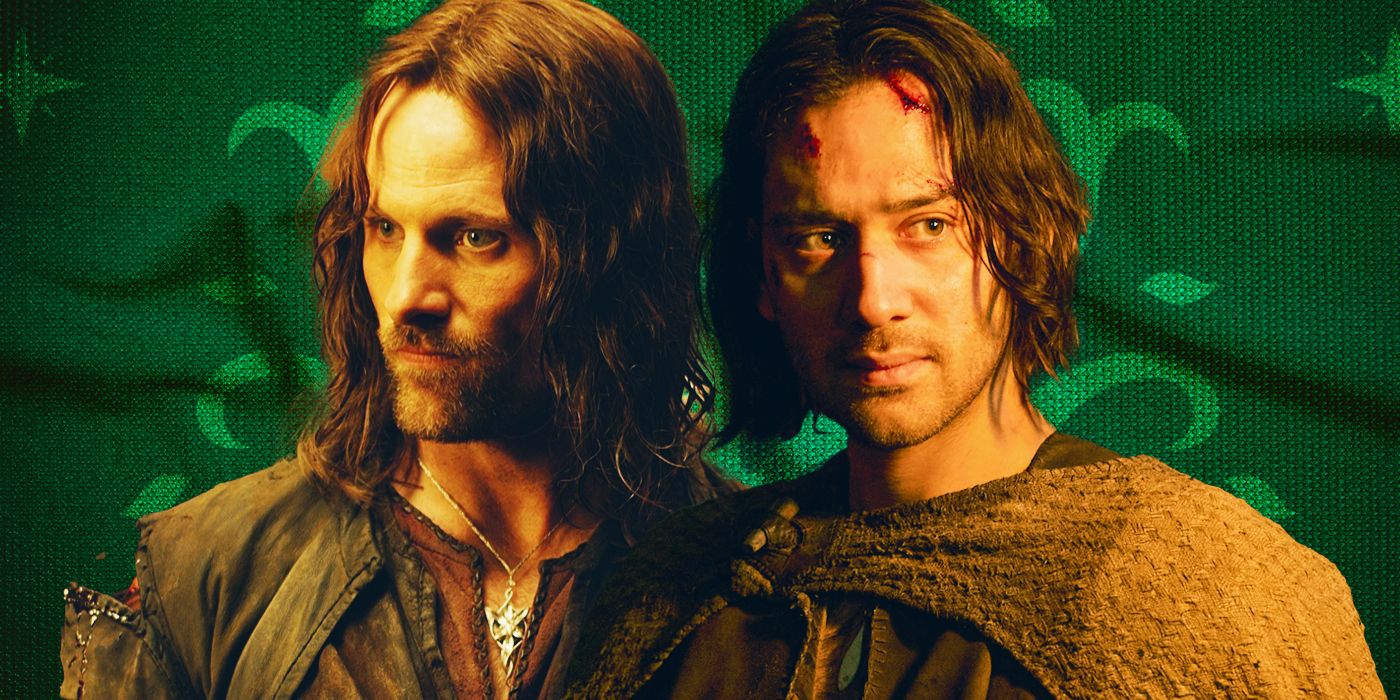 A custom image of Aragorn (Viggo Mortensen) on the left and Isildur from The Rings of Power (Maxim Baldry) on the right against a green background