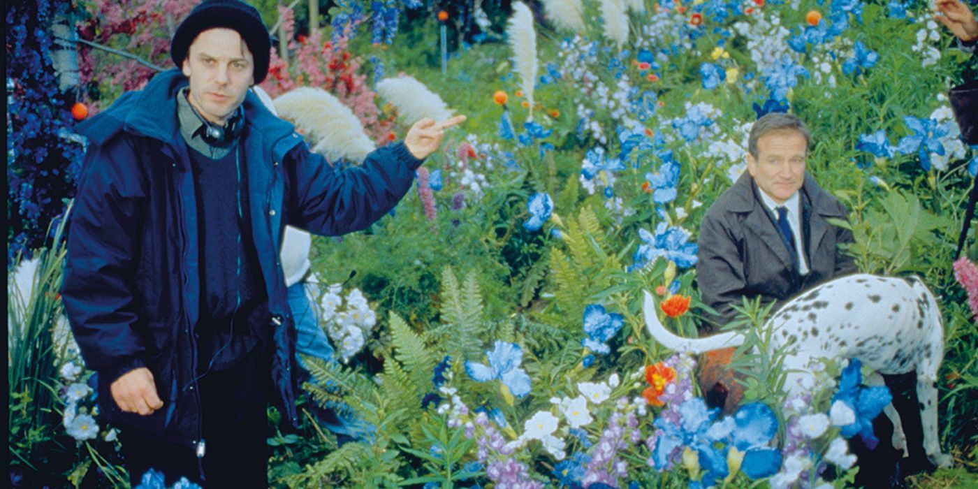 Robin Williams crouching in a garden of flowers, What Dreams May Come