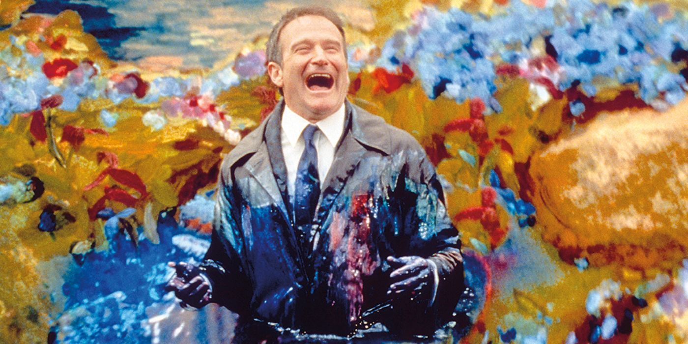 Robin Williams smiling and laughing, painting-esque background, What Dreams May Come