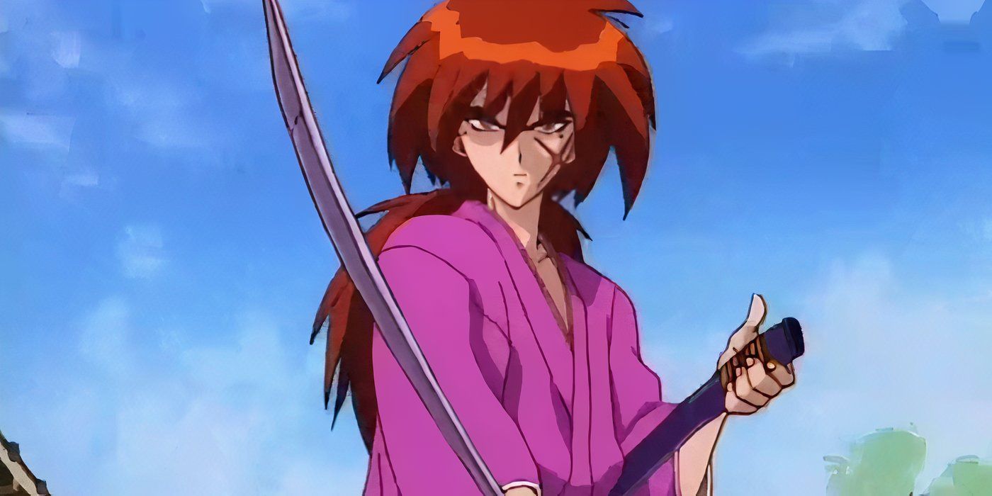 A character from Rurouni Kenshin holds a long sword with a scar on their face.