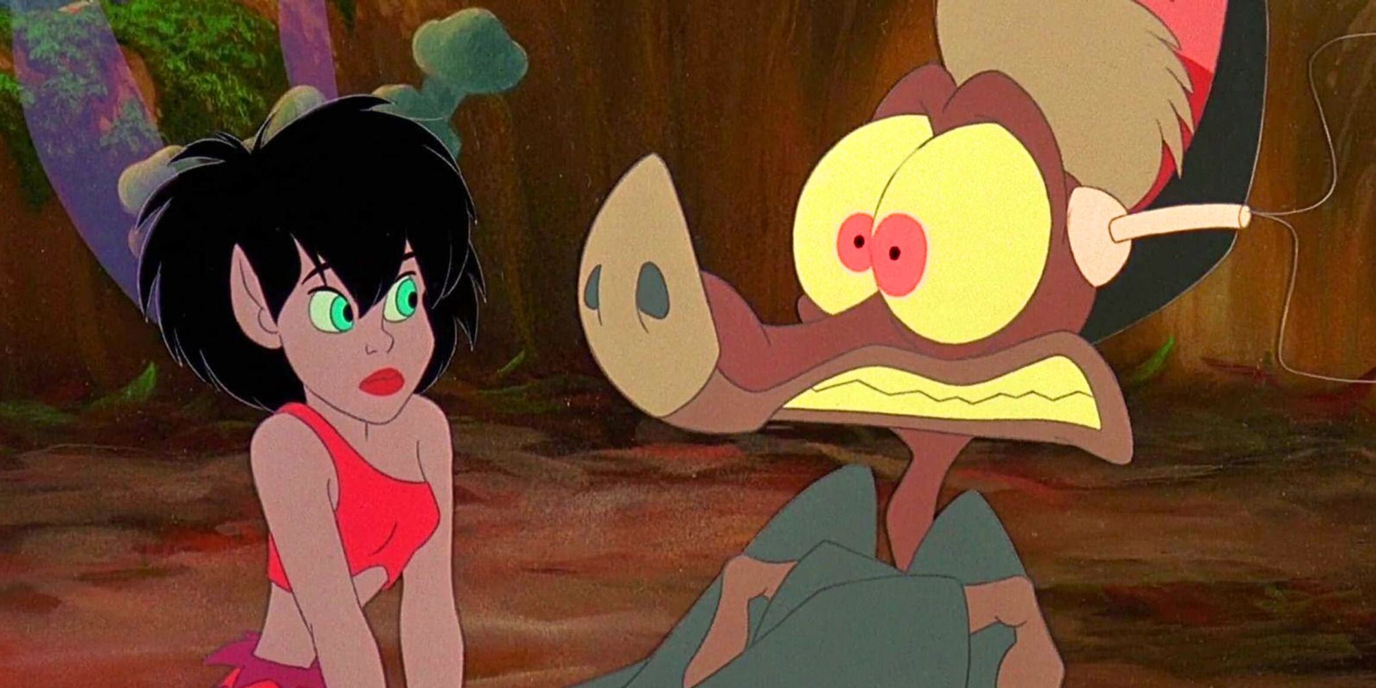 Crysta voiced by Samantha Mathis sitting next to Batty who is voiced by Robin Williams in FernGully: The Last Rainforest (1992)