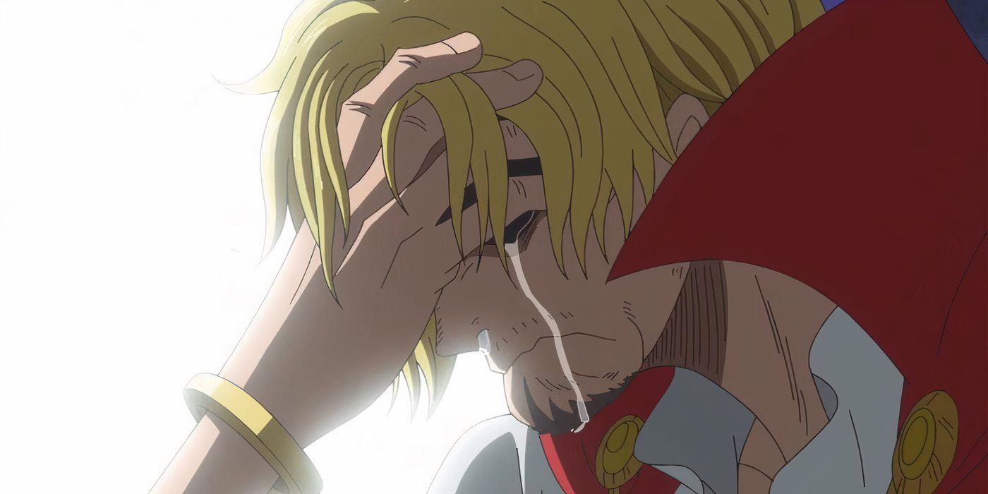 Sanji with his head down, crying in One Piece
