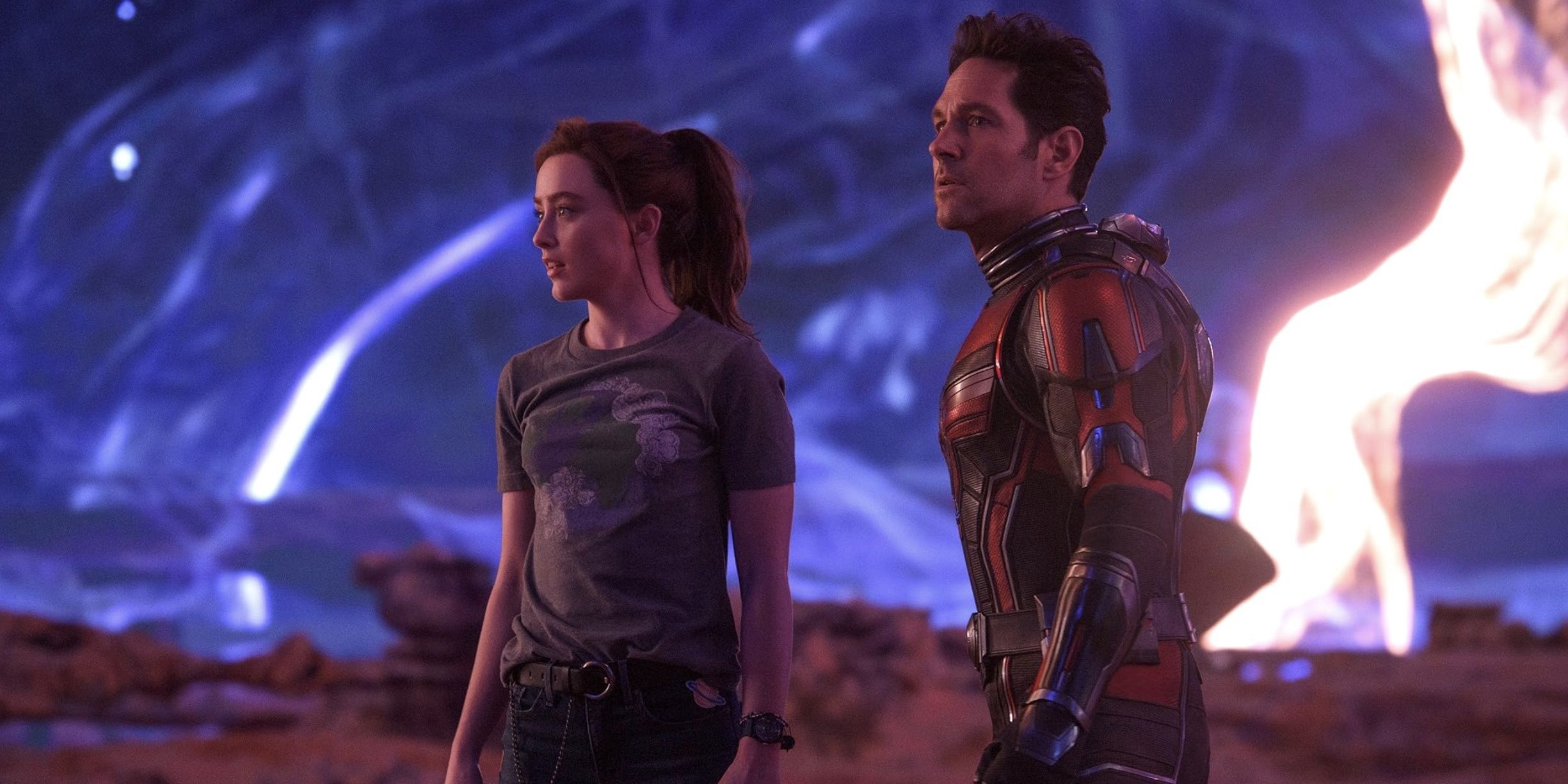 Ant Man stands alongside his daughter, inside the Quantum Realm 