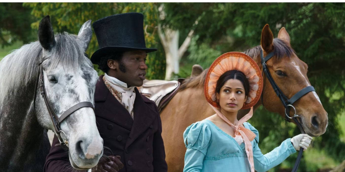 Freida Pinto and Dope Dirisu as Selina and Mr. Malcolm wearing hats and holding horses reins in 'Mr. Malcolm's List'