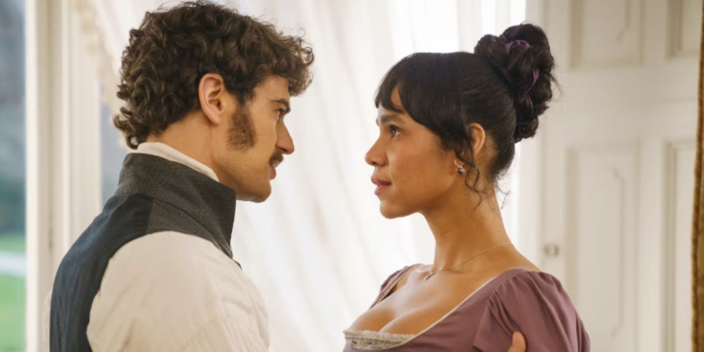 Theo James and Zawe Ashton as Henry Ossery and Julia in a black best and purple dress in 'Mr. Malcolm's List' 