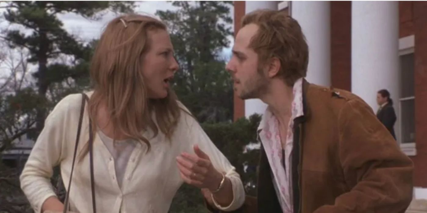 Cate Blanchett and Giovanni Ribisi as Annie and Buddy stand outside when he grabs her arm in “The Gift”