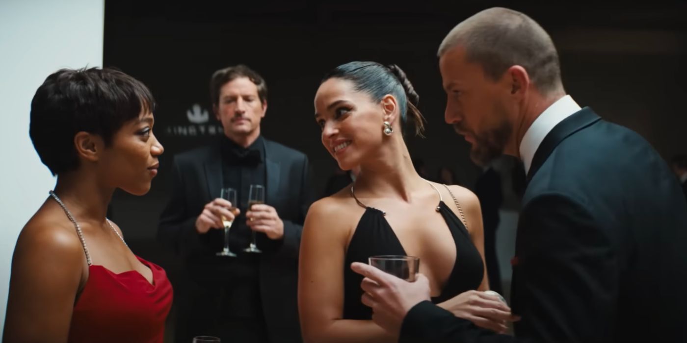 Naomi Ackie as Frida, Simon Rex as Cody, Adria Arjona as Sarah, and Channing Tatum as Slater as a party in Blink Twice