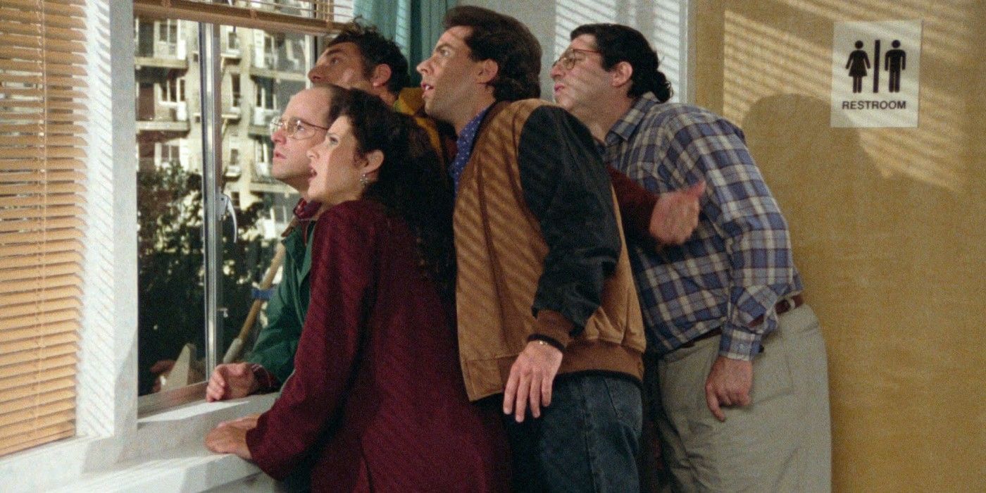 George, Kramer, Elaine, Jerry, and a friend watch a man jump from the hospital roof in 'Seinfeld's "The Bris"