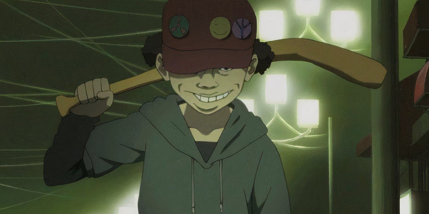 Shounen Bat smiling evil-like with a bent bat in Paranoia Agent