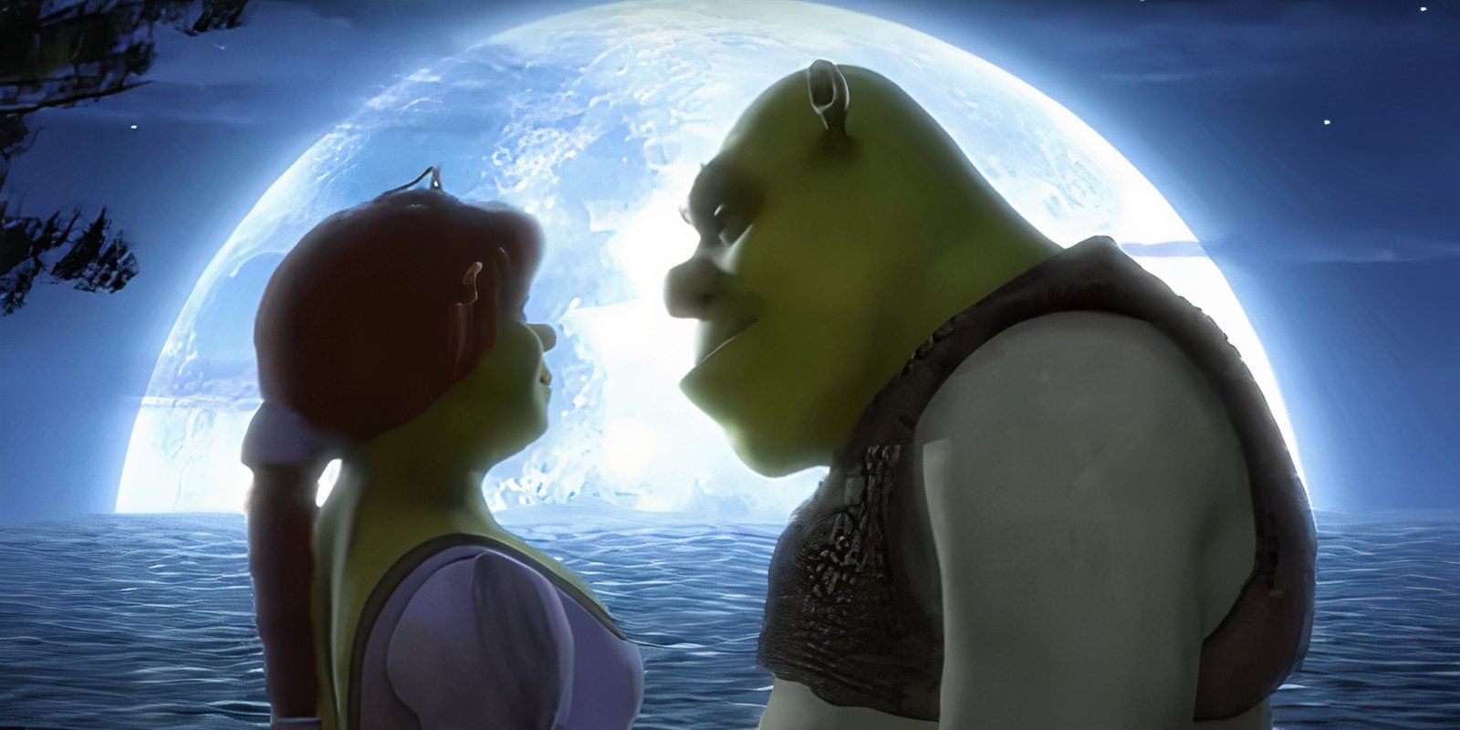 Shrek and Fiona standing together in the moonlight on their Honeymoon in Shrek 2