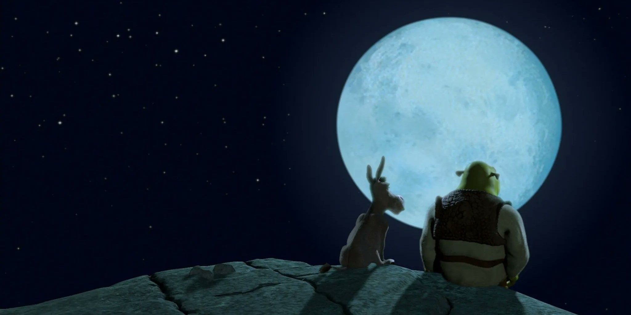 Shrek and Donkey sitting and looking at the full moon in Shrek