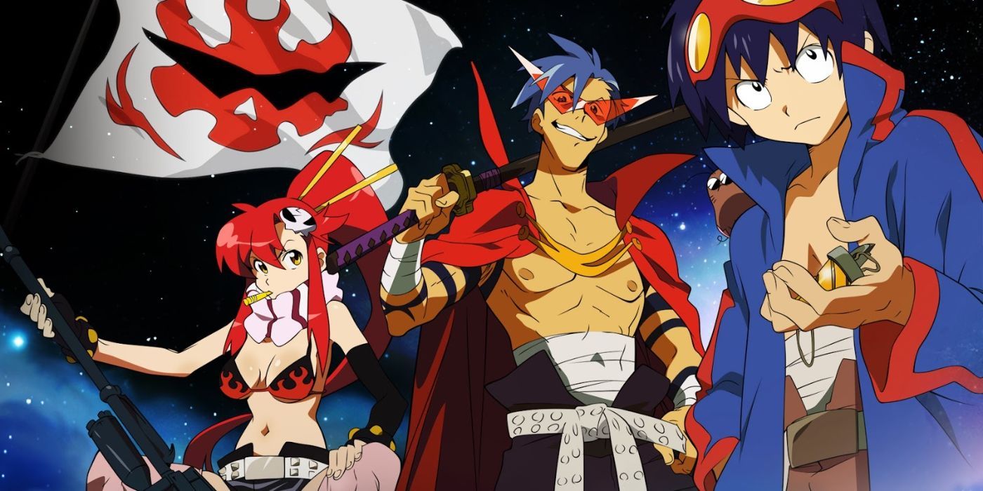 Simon, Kamina, and Yoko all standing together, Gurren Lagann