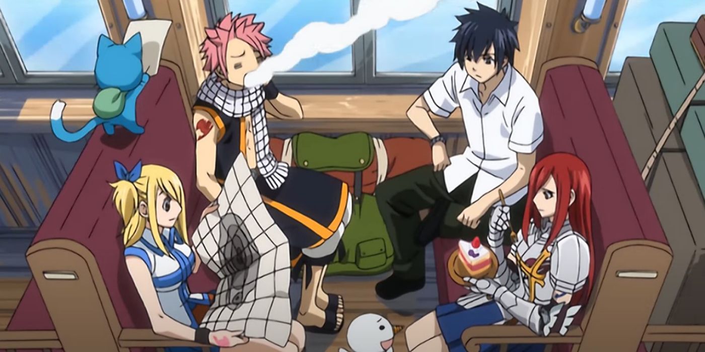 Natuso, Lucy, Gray, Erza, Happy y Prue sentados en el tren en Fairy Tail