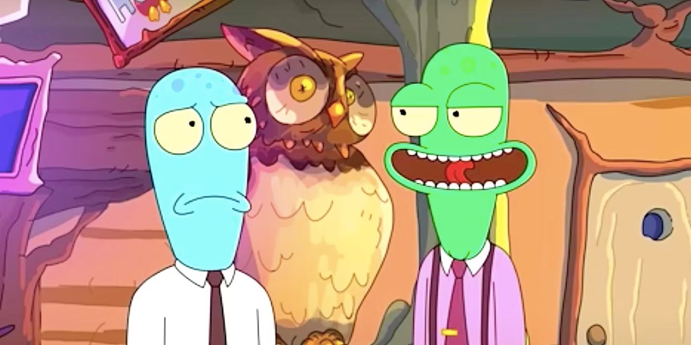 Terry and Korvo in business attire in front of a wooden owl in Solar Opposites