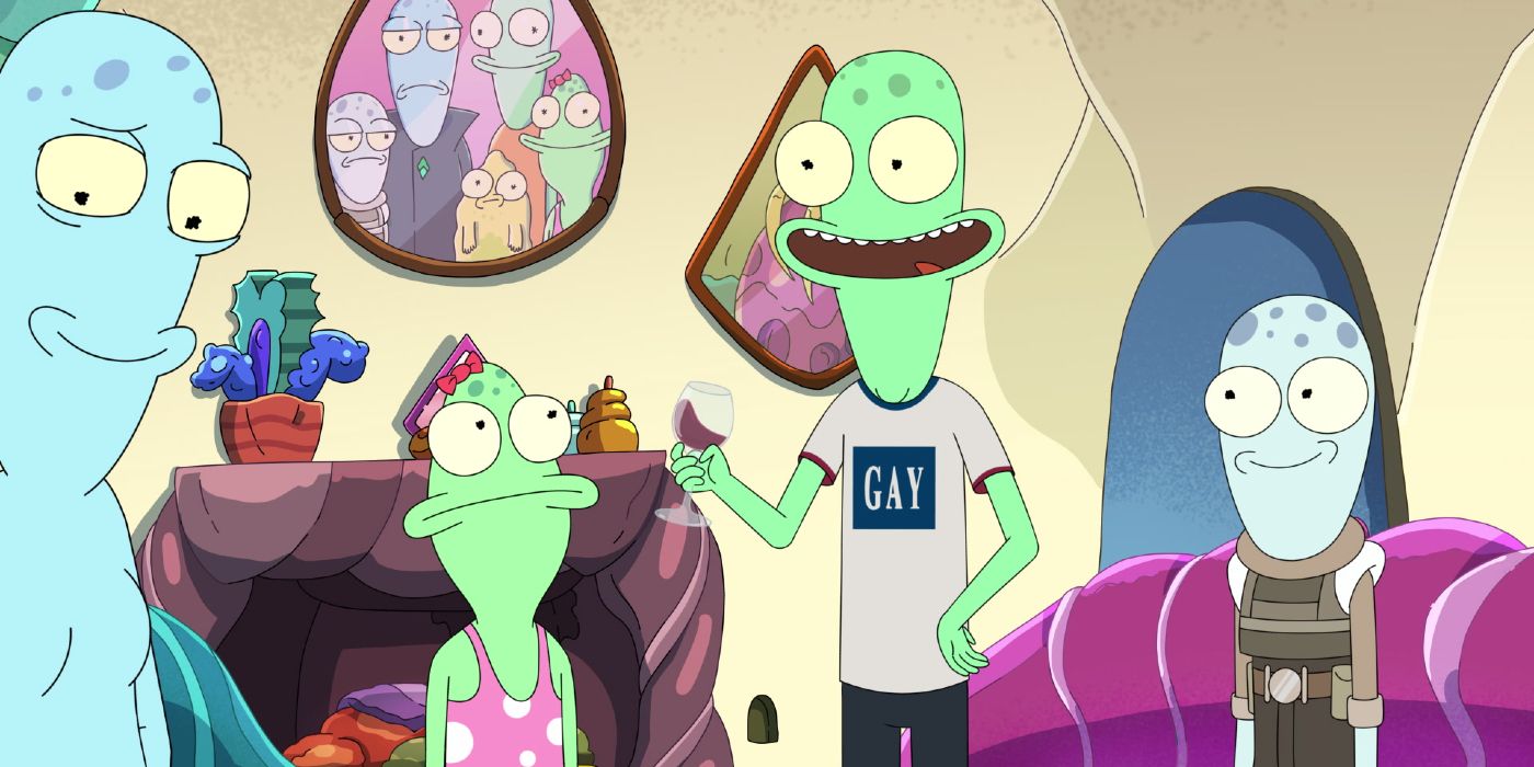 Terry wearing a "Gay" shirt with Korvo, Jesse, and Yumyulack in Solar Opposites