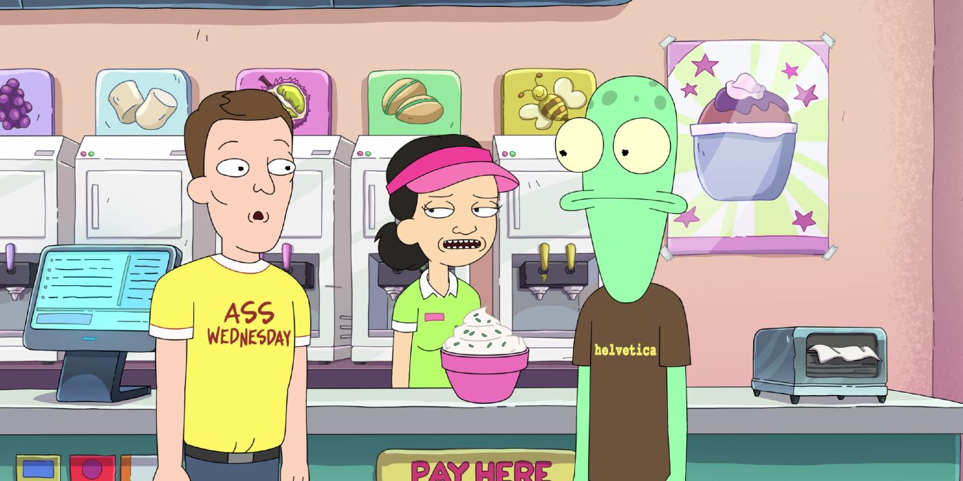 Terry wearing a helvetica t-shirt at an ice cream parlor next to a cashier and customer in Solar Opposites