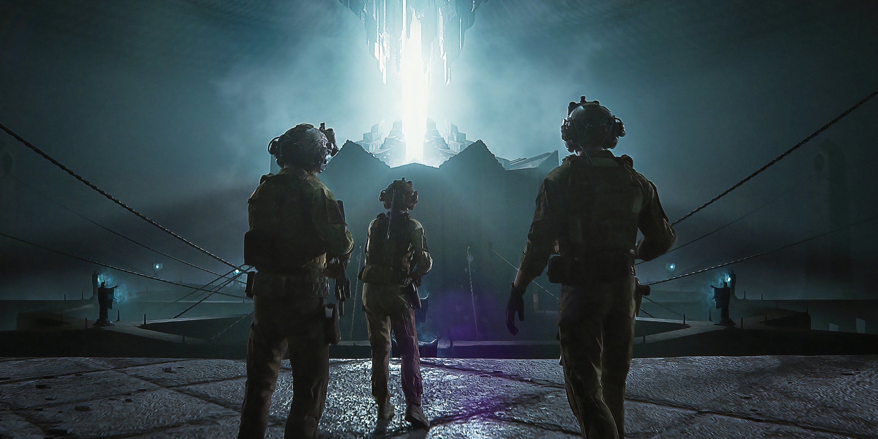 Soldiers walking to a giant ship in 'In Vaulted Halls Entombed' from 'Love, Death & Robots'