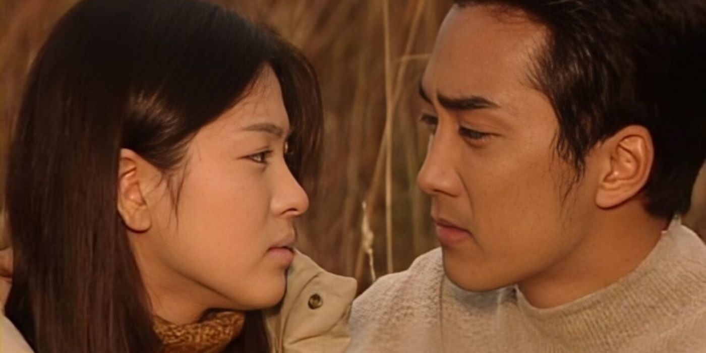 Song Hye-kyo and Won Bin staring at each other intensely in Autumn in my Heart.