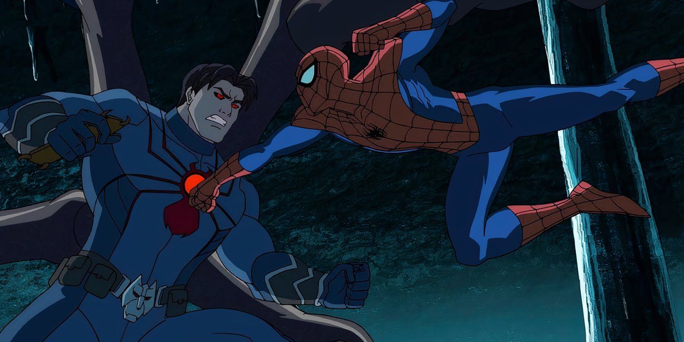 Spider-Man fighting Wolf-Spider in Ultimate Spider-Man