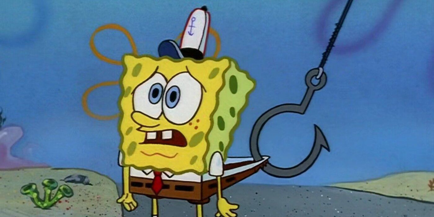 SpongeBob with a scared and concerned look on his face as his clothes have been hooked by a giant hook from a fishing pole in the SpongeBob SquarePants episode &lsquo;Hooky&rsquo;