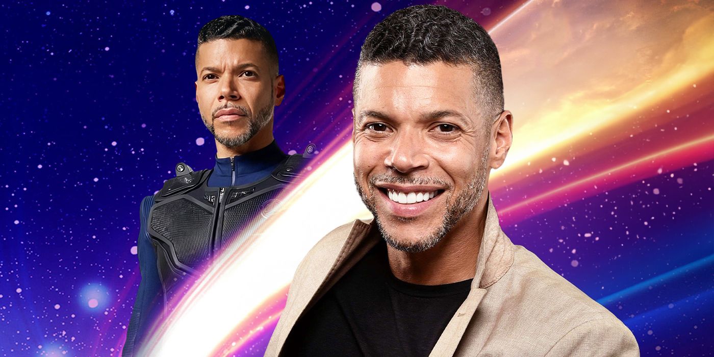 Wilson Cruz in and out of character as Hugh Culber in Star Trek Discovery over a space background