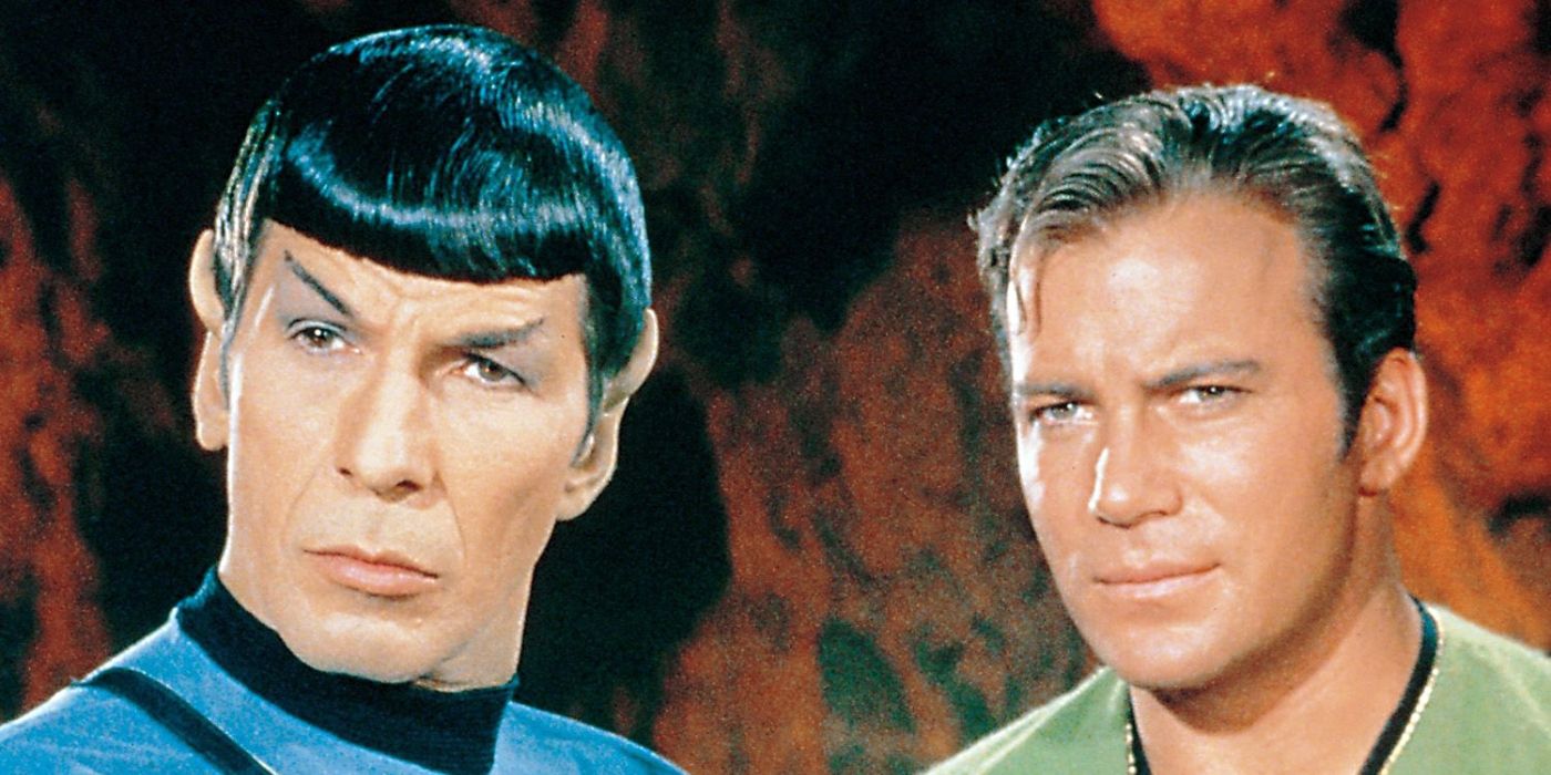 Leonard Nimoy and William Shatner looking intrigued in Star Trek: The Original Series