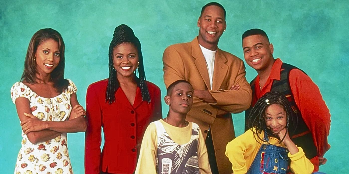 Promotional image of the cast of 90s sitcom Hangin' With Mr. Cooper starring Mark Curry, Holly Robinson-Peete, and Raven Symone.