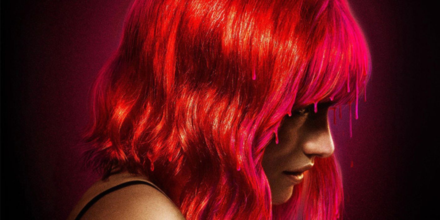 A side profile of Willa Fitzgerald with blood red hair on the poster for Strange Darling.