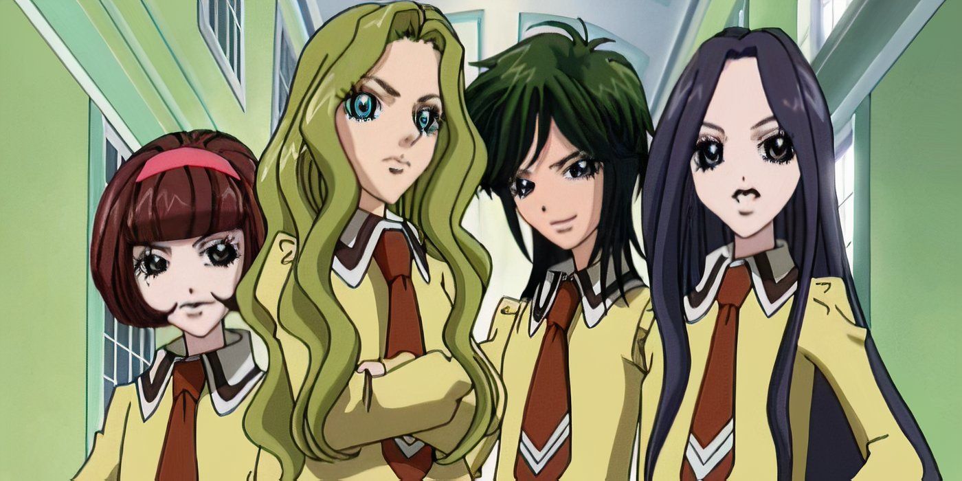 A group of girls stand together in a hallway wearing school uniforms in Sugar Sugar Rune. 