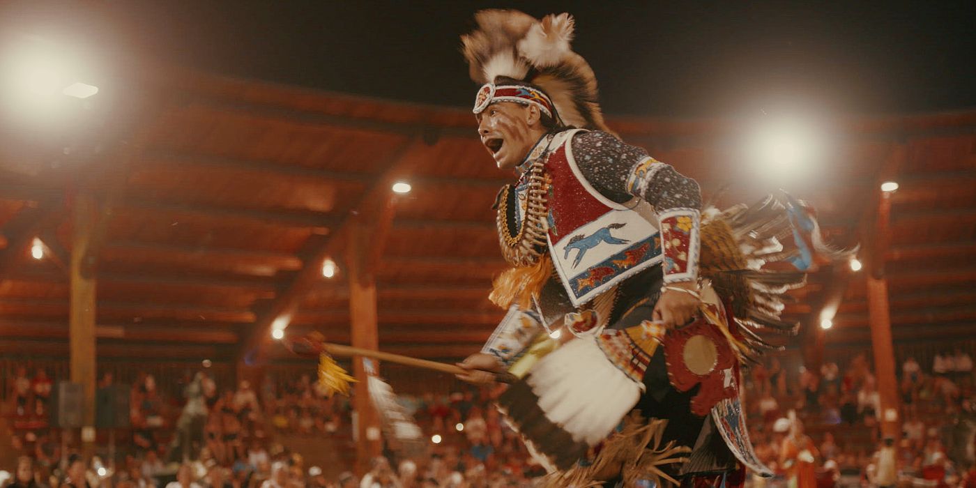 Julian Brave Noisecat dancing at the Kamloopa Powwow in Sugarcane