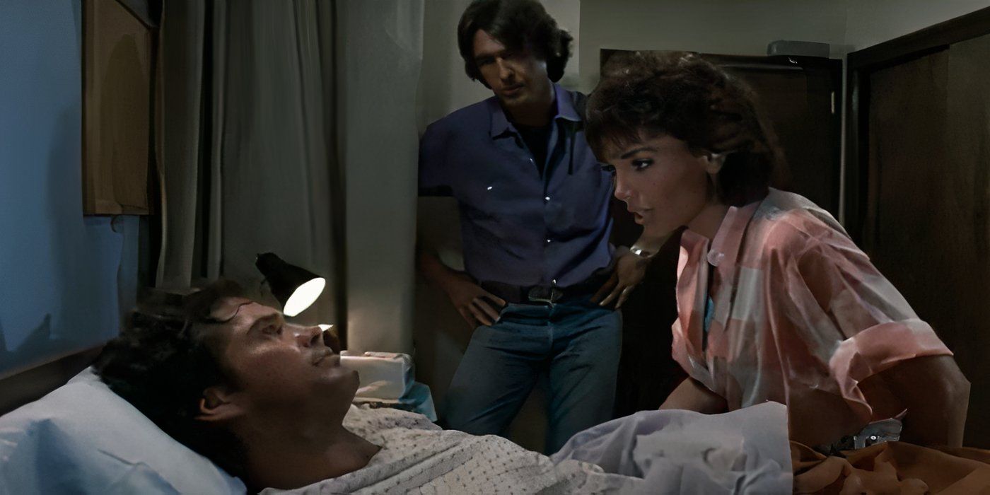 Angie (Stepfanie Kramer) and Joe (Randolph Mantooth) visit Don (David Hasselhoff) at the hospital in Terror at London Bridge