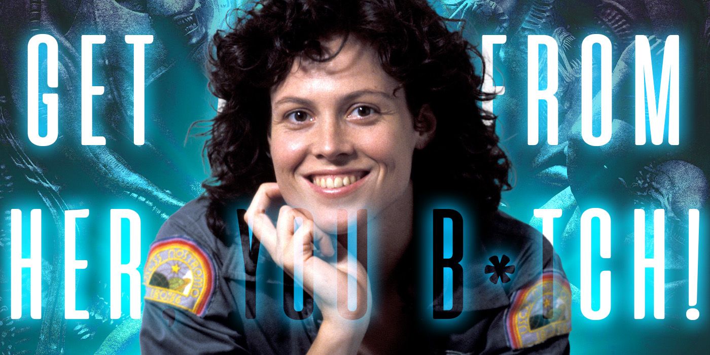 Blended image showing Sigourney Weaver smiling and a quote from her Alien character in the background.