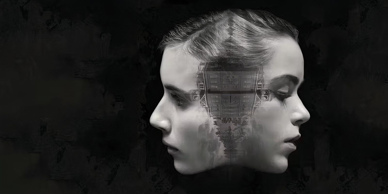 The poster for The Blackcoat's Daughter showing two female faces blending into a house.