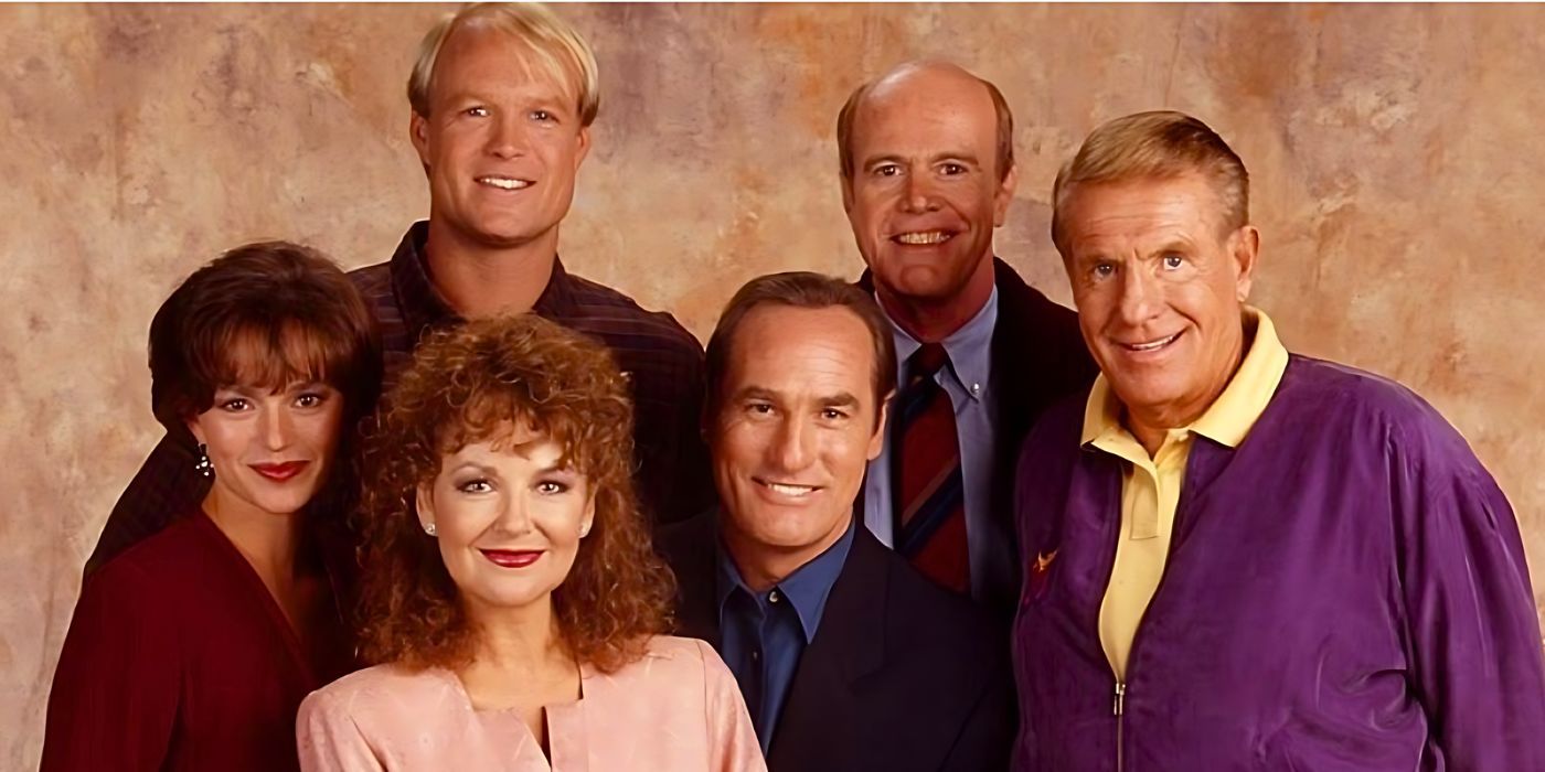 Still image of the ensemble cast of the 90s football-themed sitcom Coach starring Craig T. Nelson