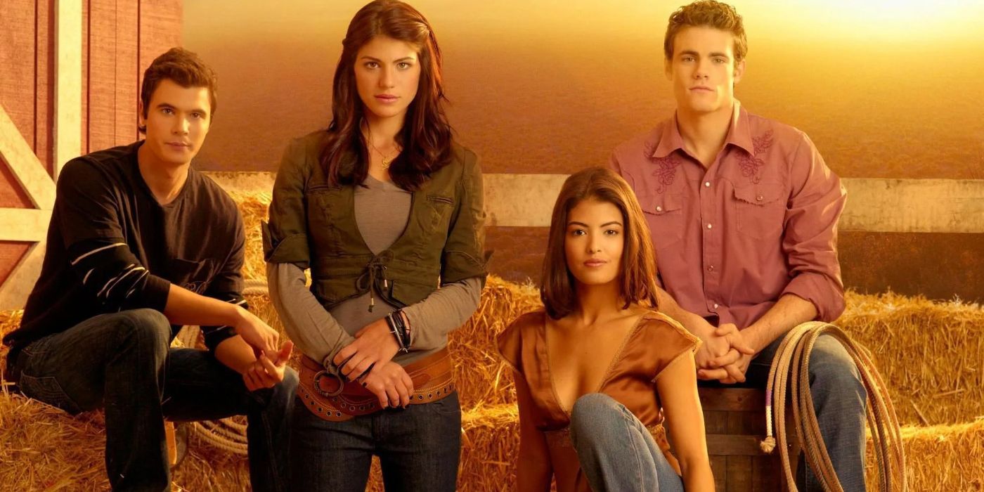 The cast of the ABC hit series &lsquo;Wildfire&rsquo; posing while sitting on bales of hay to represent ranch life