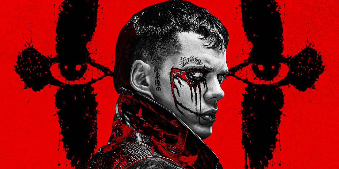 Bill Skarsgard in black and white against a red background with eyes staring out in a custom image for The Crow