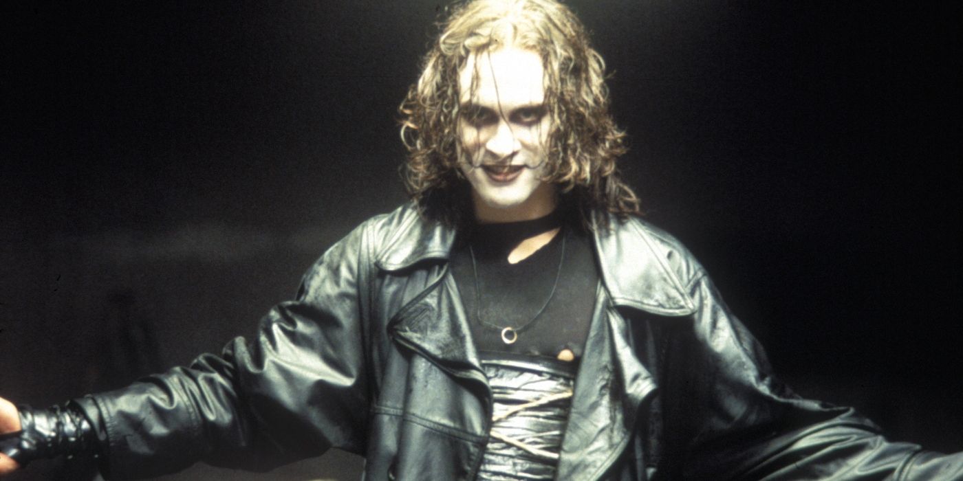 Brandon Lee as Eric Draven (The Crow), with his arms spread in The Crow