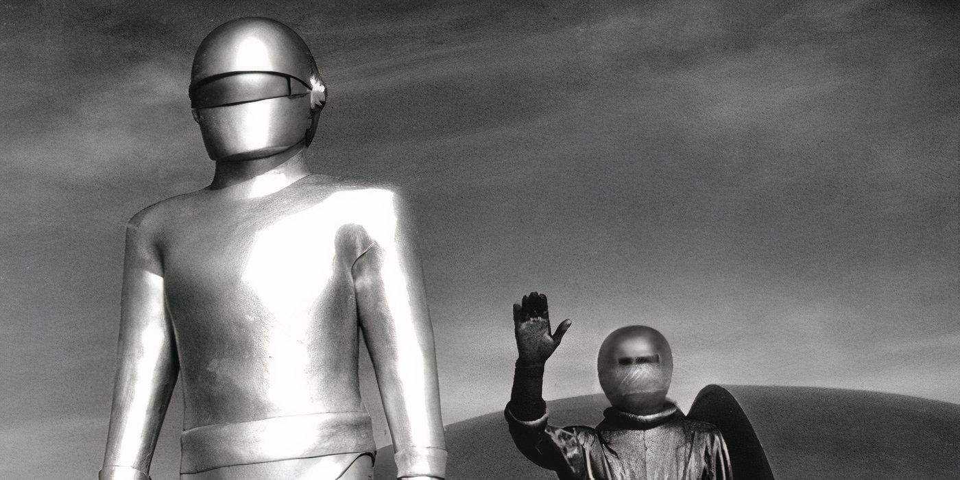 A metallic figure and one in a space uniform stand on a flying saucer in The Day the Earth Stood Still.