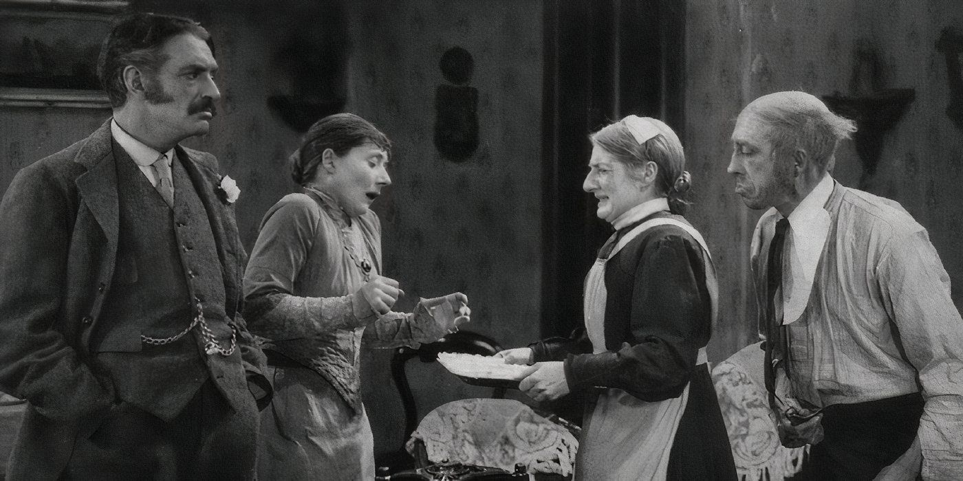 James Thomas, Thirza Tapper, Antonia Brough and Gordon Harker in a scene from Hitchcock's The Farmer's Wife